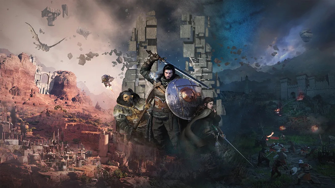 Crimson Desert game promotional artwork showing the protagonist Kliff in an epic fantasy landscape with dragons and medieval combat scenes from Pearl Abyss Studios